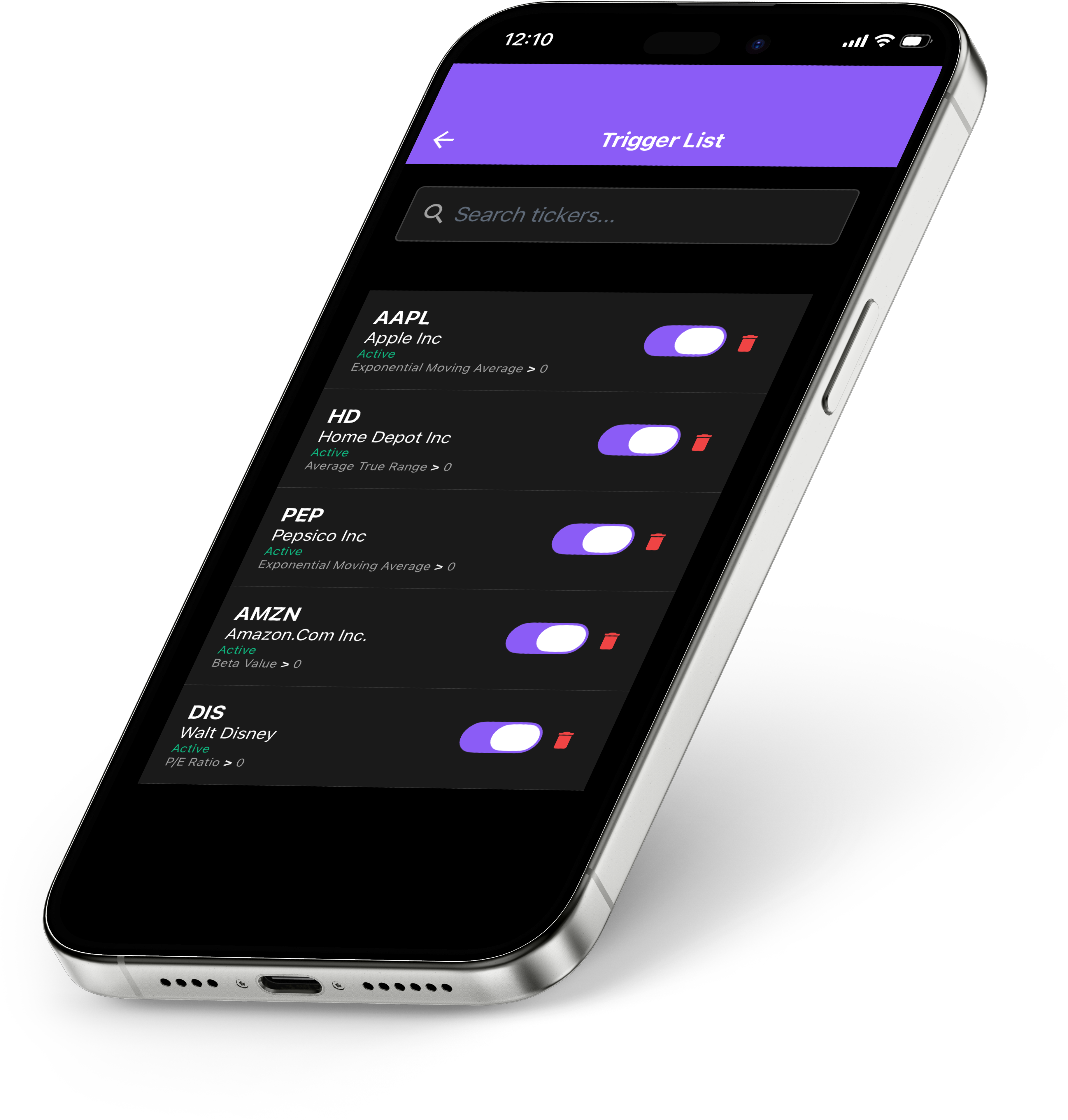 Stocks Notifier app on iPhone showing trigger list